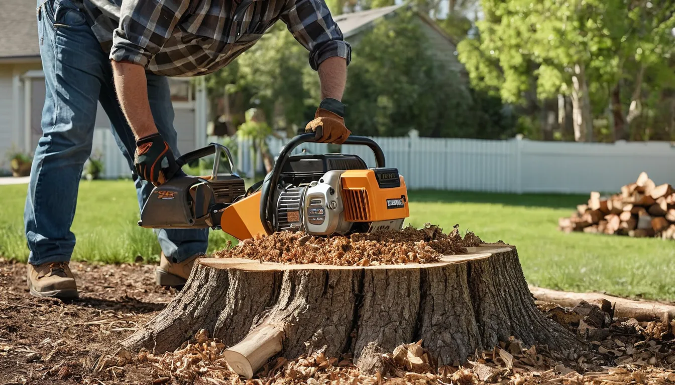 Stump grinder cutting a tree stump in a residential backyard in Brunswick, with wood chips on the lawn